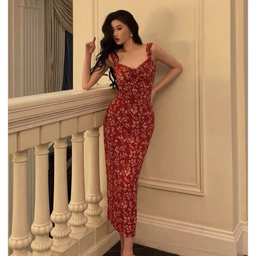 Sheath Spaghetti Straps Red Floral Prom Dresses Birthday Outfits Evening Gown SD940